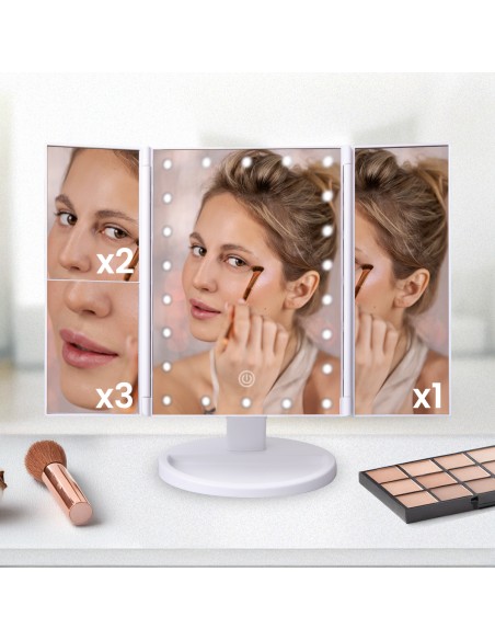 ESPEJO DE MAQUILLAJE PLEGABLE CON LUZ LED Y AUMENTO 1X/2X/3X