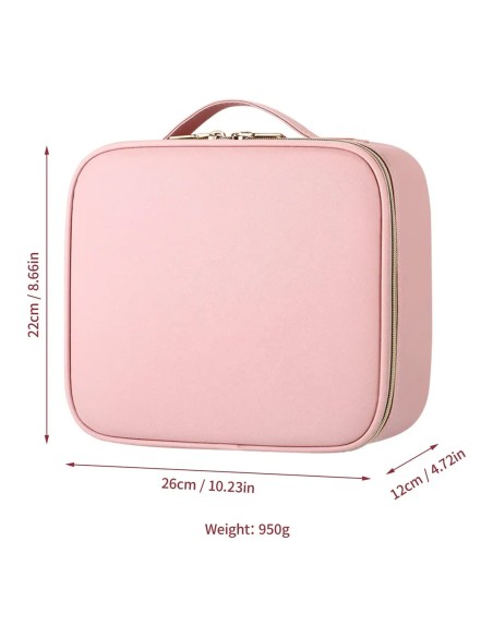 Makeup briefcase with rechargeable pink LED mirror