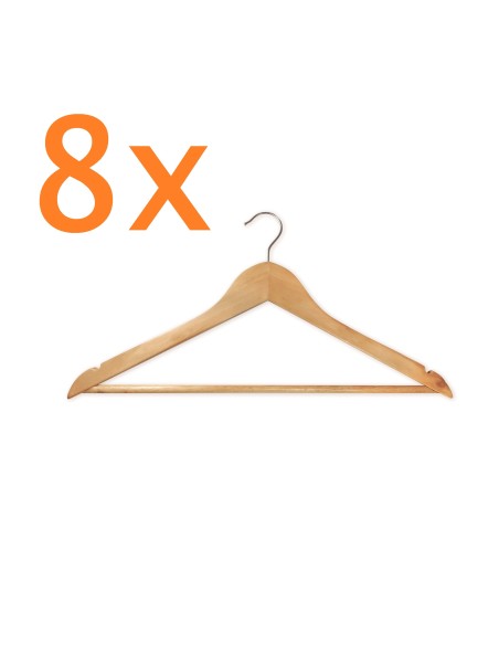 SET OF 8 WOODEN HANGERS WITH BAR AND CHROME HOOK