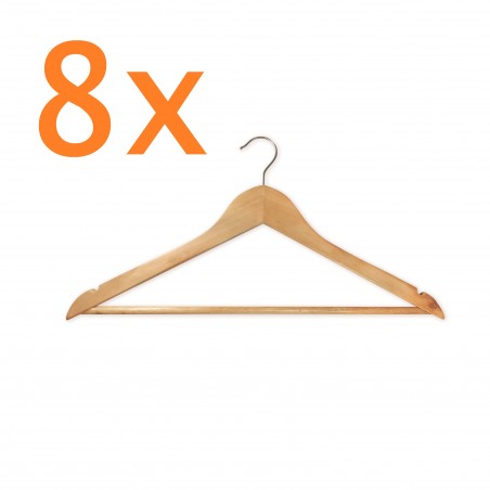 Set van 8 houten hangers met bar en chromen haak