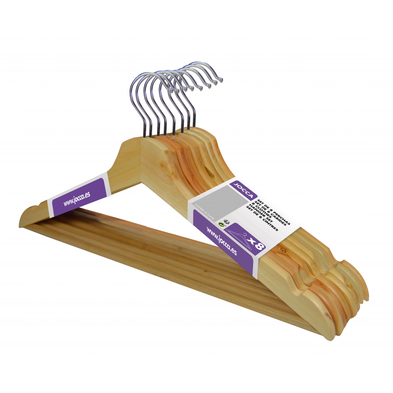 Set van 8 houten hangers met bar en chromen haak