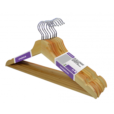 SET OF 8 WOODEN HANGERS WITH BAR AND CHROME HOOK