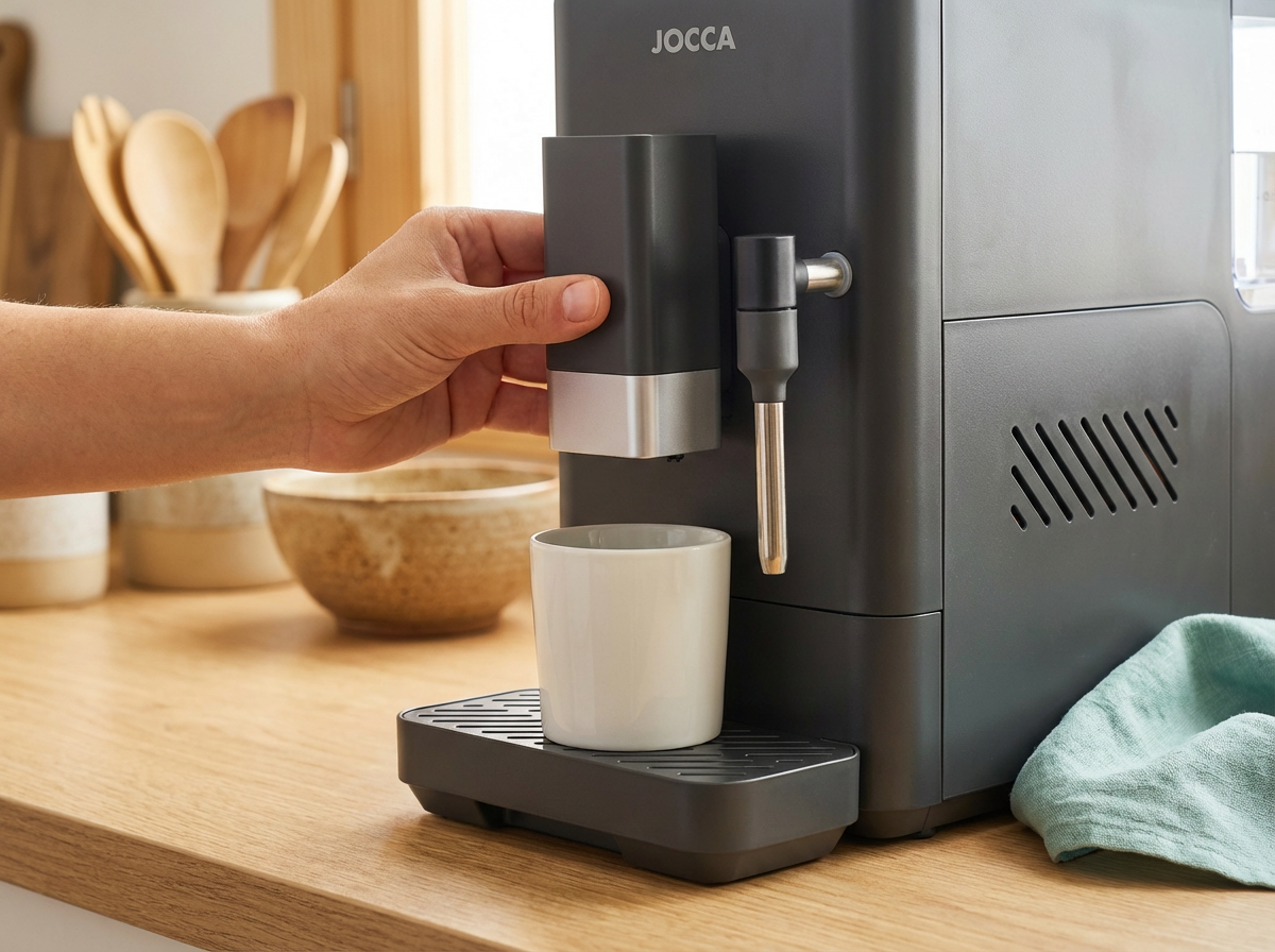 Salida de café regulable en altura de cafetera superautomática compacta