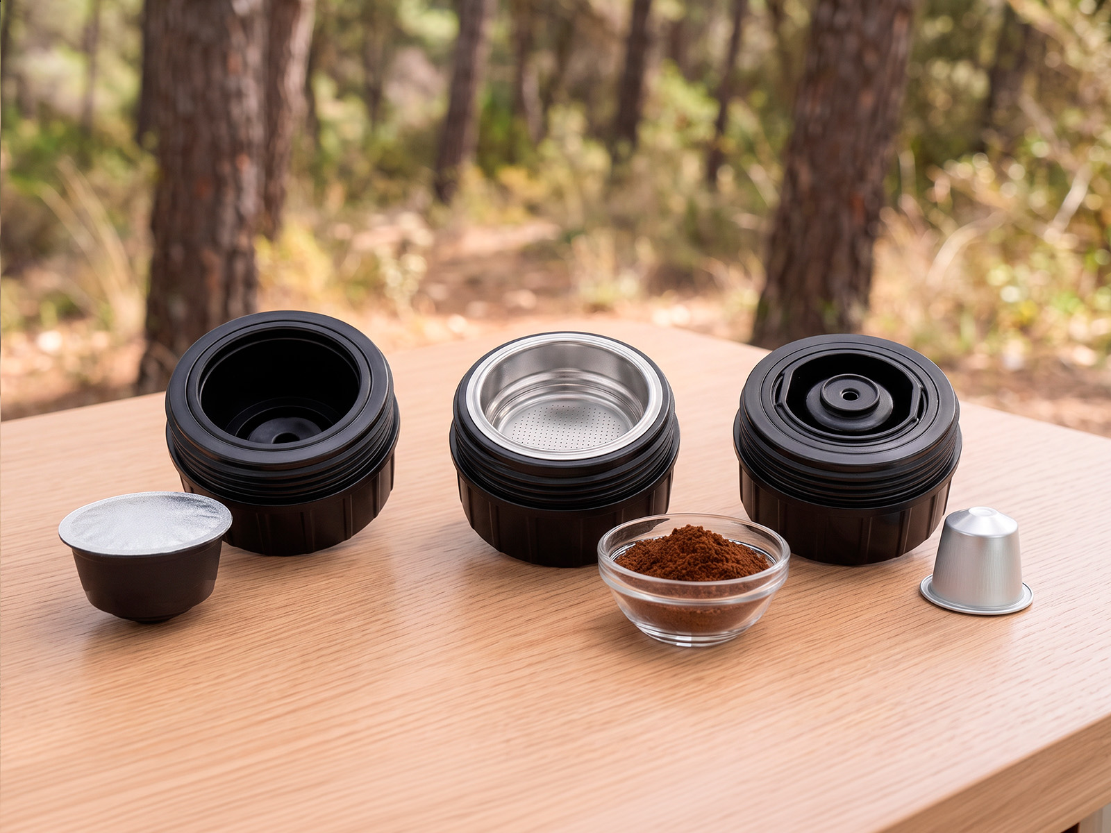 Tres adaptadores para cápsulas Nespresso, Dolce Gusto y café molido