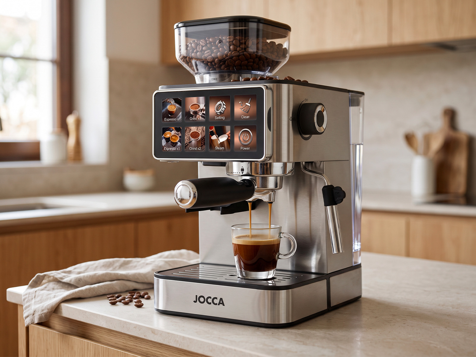 Cafetera semiautomática JOCCA con molinillo integrado para disfrutar del café barista en casa