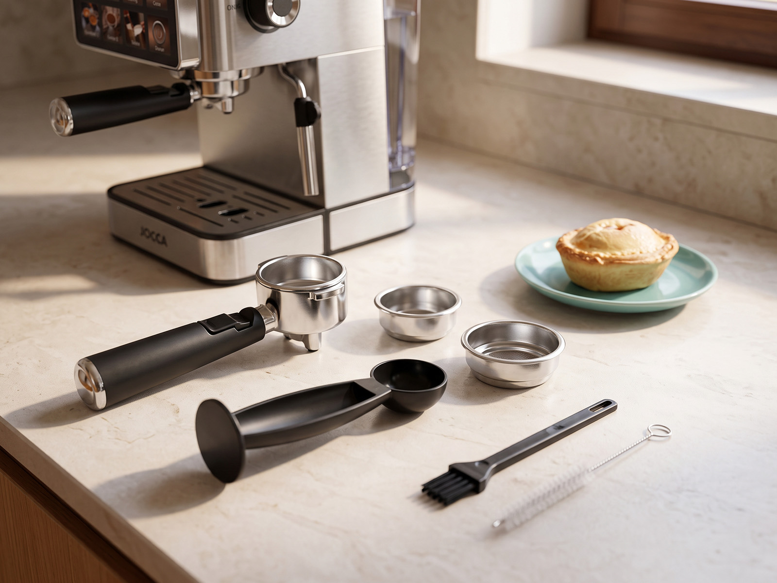 Accesorios incluidos con la cafetera semiautomática JOCCA portafiltro filtros dosificador prensador y útiles de limpieza