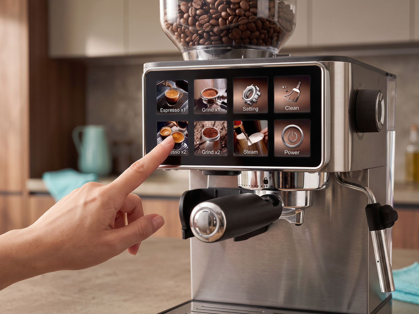 Pantalla táctil Easy Touch de la cafetera semiautomática JOCCA con funciones de molienda espresso vapor y limpieza