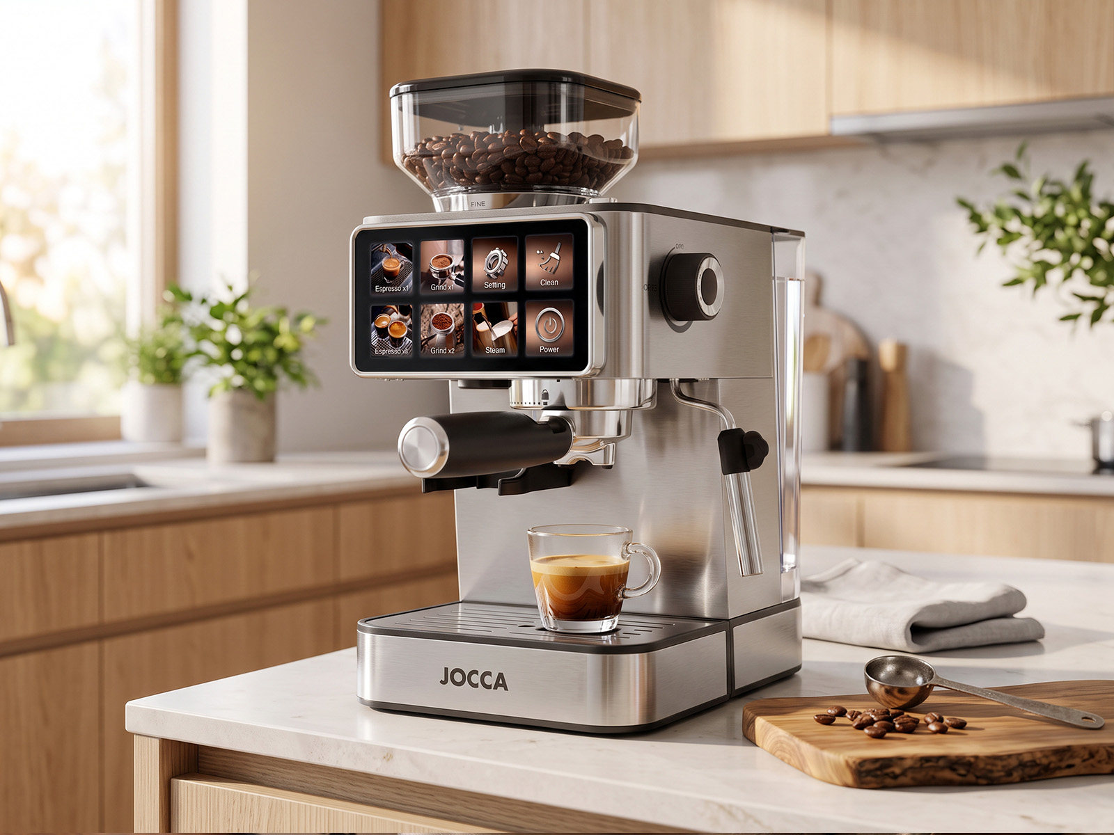 Cafetera semiautomática JOCCA de acero inoxidable integrada en una cocina contemporánea
