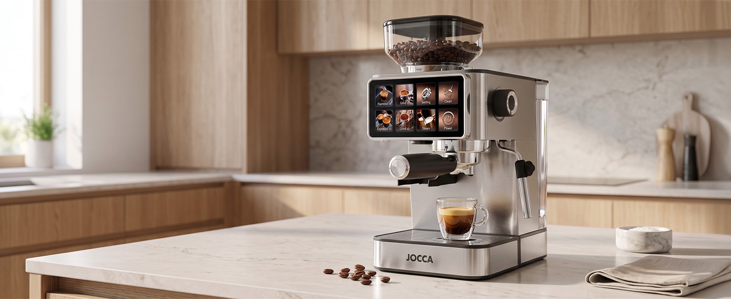 Cafetera semiautomática JOCCA con molinillo integrado en cocina contemporánea