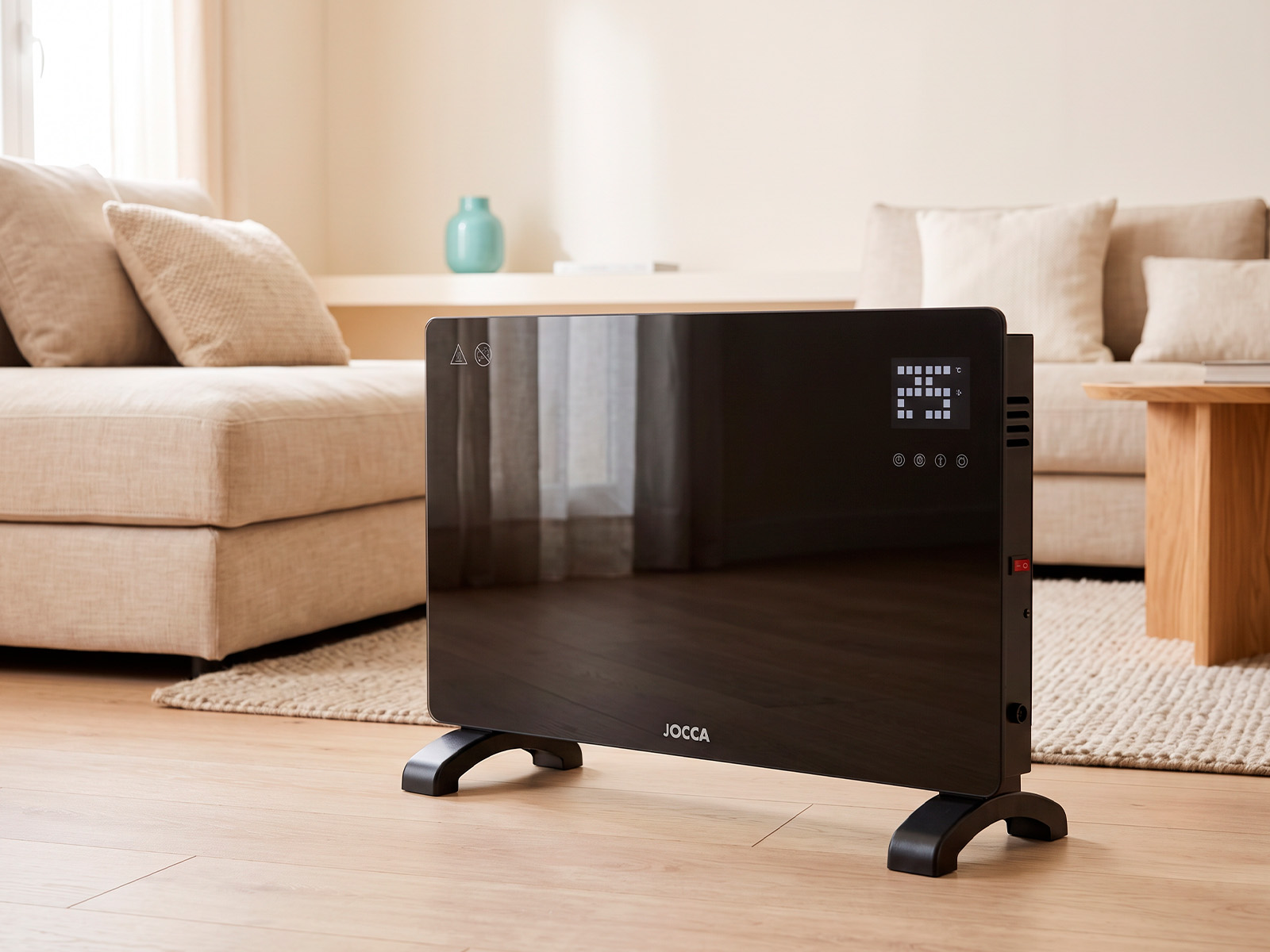 Convector eléctrico de vidrio templado JOCCA de 2000 W en salón