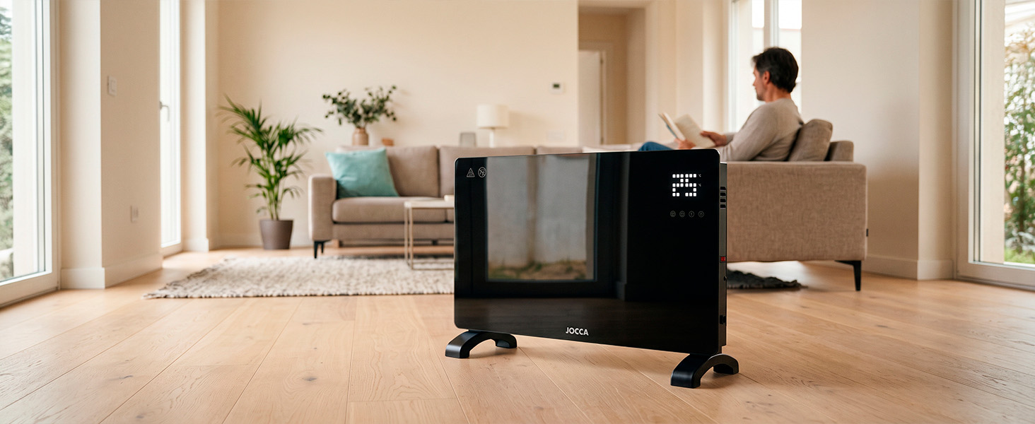 Convector eléctrico de vidrio JOCCA de 2000 W integrado en salón